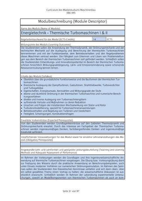 Curriculum für das Masterstudium Maschinenbau 066.445