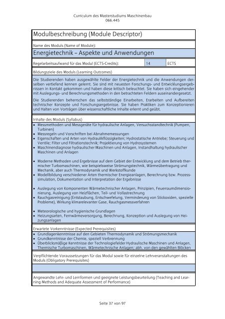 Curriculum für das Masterstudium Maschinenbau 066.445