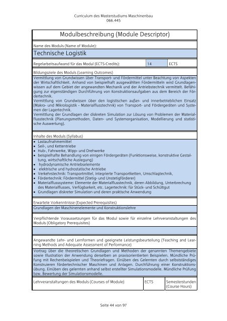 Curriculum für das Masterstudium Maschinenbau 066.445