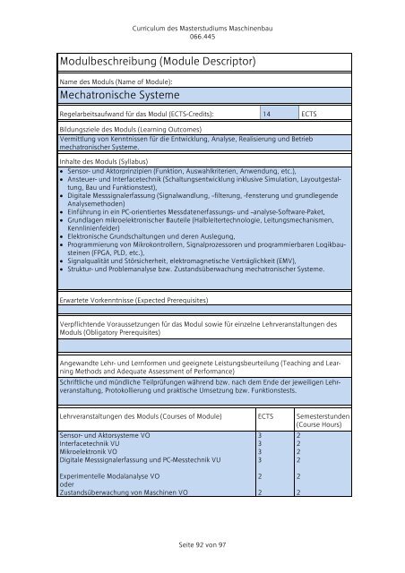 Curriculum für das Masterstudium Maschinenbau 066.445