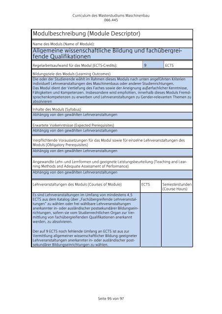 Curriculum für das Masterstudium Maschinenbau 066.445