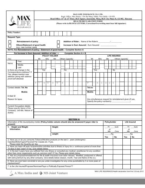 Health Declaration Form - Max Life Insurance