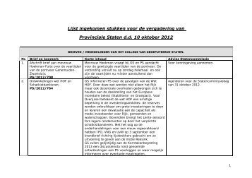 Lijst ingekomen stukken voor de vergadering van Provinciale Staten ...