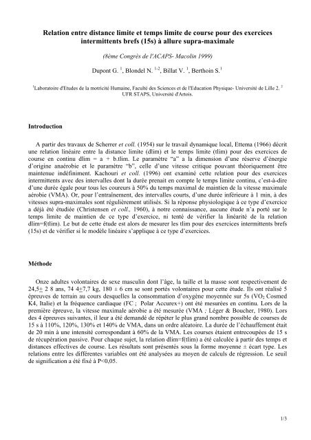 Relation entre distance limite et temps limite de course pour des ...