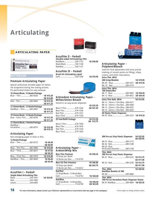 Articulating Patterson Dental/Dentaire Canada
