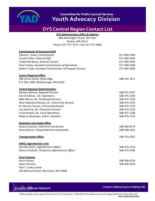 DYS Central Region Contact List - the Youth Advocacy Division