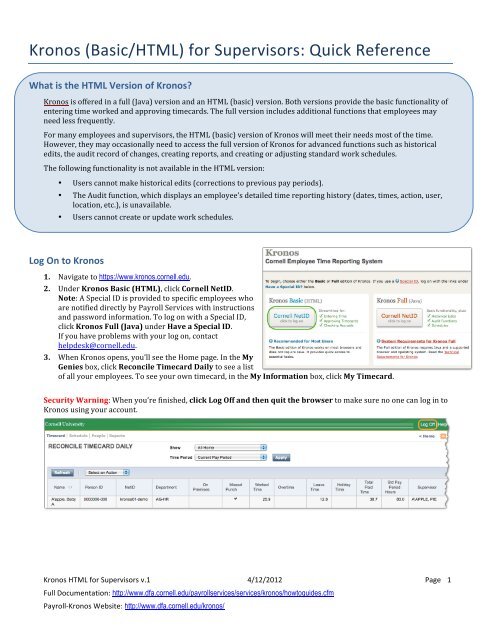 Kronos (Basic/HTML) for Supervisors: Quick Reference - DFA Home