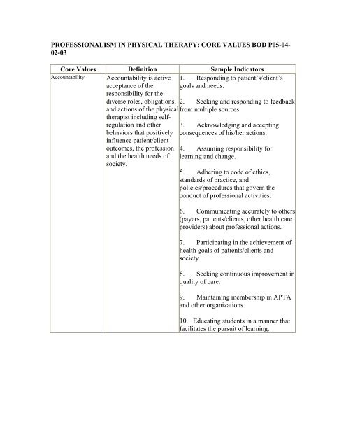 PROFESSIONALISM IN PHYSICAL THERAPY: CORE VALUES ...