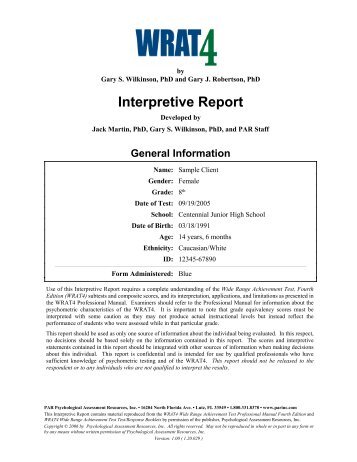 WRAT4 Interpretive Report - Psychological Assessment Resources ...