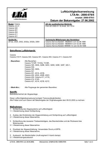 LufttÃƒÂ¼chtigkeitsanweisung LTA-Nr.: 2000-079/4 - Luftfahrt-Bundesamt
