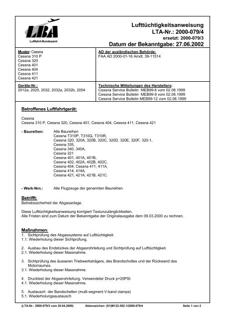 LufttÃƒÂ¼chtigkeitsanweisung LTA-Nr.: 2000-079/4 - Luftfahrt-Bundesamt