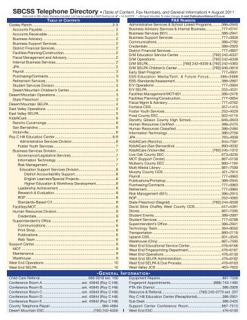1 SBCSS Telephone Directory â¢ (Table of Content, Fax Numbers ...