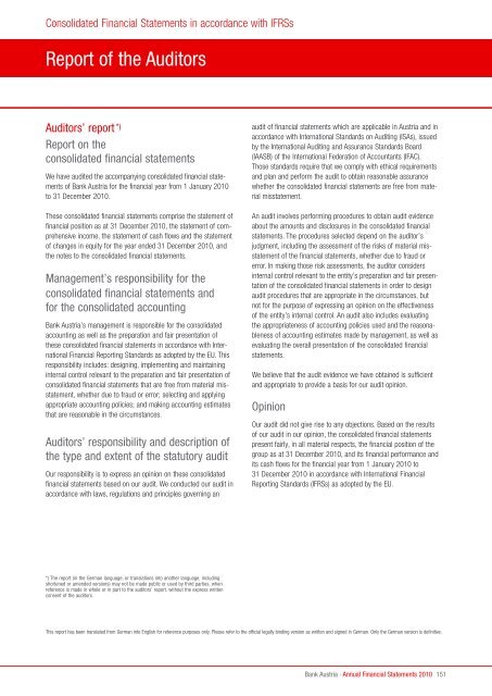 Annual Financial Statements 2010 of Bank Austria