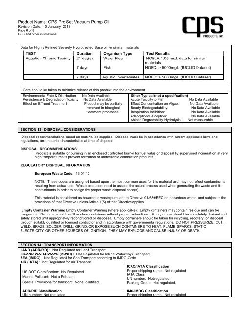 vacuum pump oil msds - CPS Products