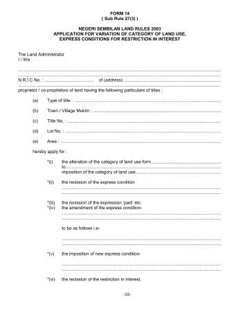 FORM 14 ( Sub Rule 27(3) ) NEGERI SEMBILAN LAND RULES ...