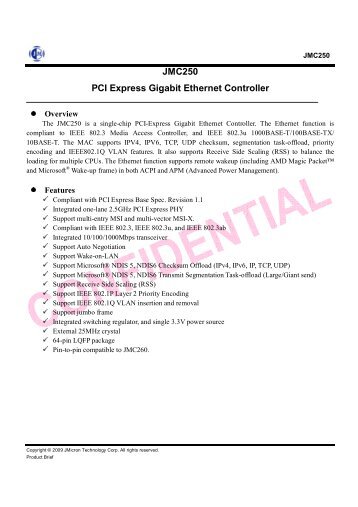 JMC250 PCI Express Gigabit Ethernet Controller - JMicron ...