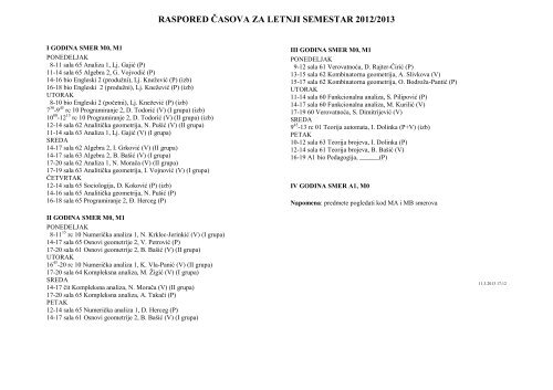 Raspored Äasova za letnji semestar 2012/2013