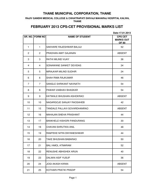 february 2013 cps-cet provisional marks list - Thane Municipal ...