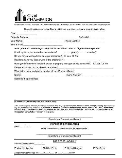 tenant inspection request form - City of Champaign