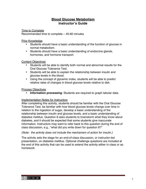 Blood Glucose Metabolism Instructor's Guide