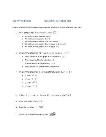 Precalculus Placement Test - The Putney School