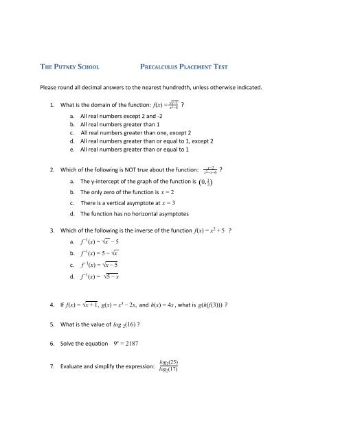 Precalculus Placement Test - The Putney School