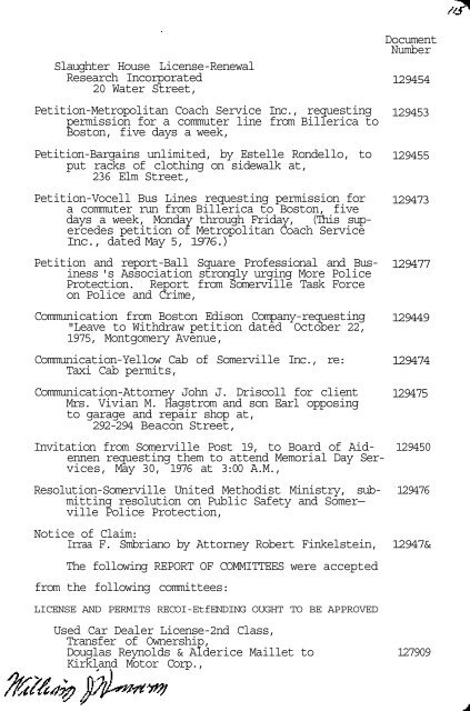 CITY OF SOMERVILLE BOARD OF ALDERMEN MEETINGS 1976