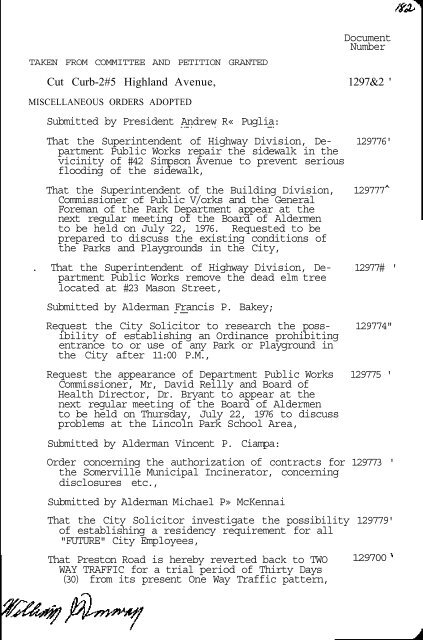 CITY OF SOMERVILLE BOARD OF ALDERMEN MEETINGS 1976