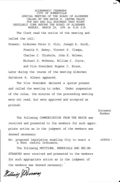 CITY OF SOMERVILLE BOARD OF ALDERMEN MEETINGS 1976