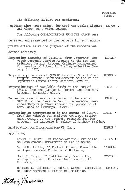 CITY OF SOMERVILLE BOARD OF ALDERMEN MEETINGS 1976