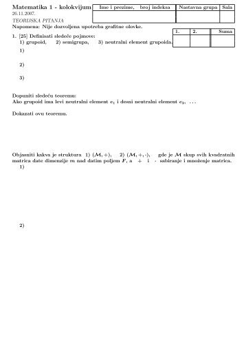 Matematika 1 - kolokvijum