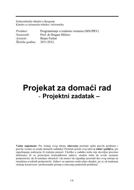 PRV Projektni zadatak - 2012 - Programiranje u Realnom Vremenu