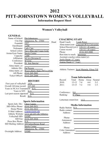 2012 PITT-JOHNSTOWN WOMEN'S VOLLEYBALL Information ...