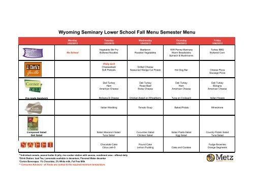 Wyoming Seminary Lower School Menu week 1-5 - 2012