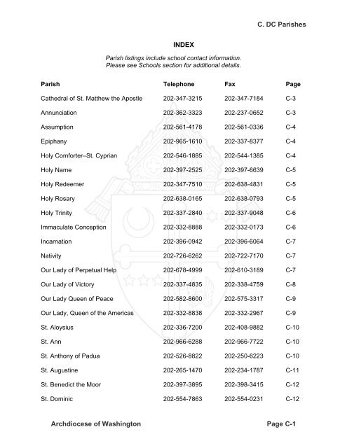 C. DC Parishes INDEX Archdiocese of Washington Page C-1