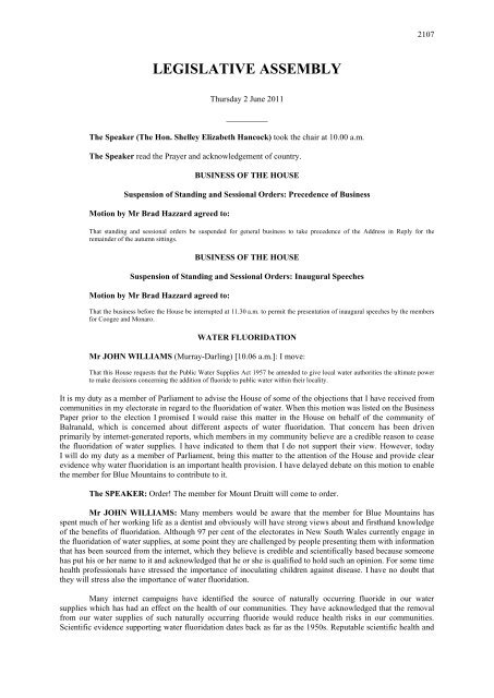 LEGISLATIVE ASSEMBLY Parliament of New South Wales NSW