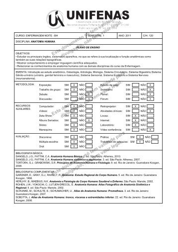 1 ANO: 2011 C/H: 120 DISCIPLINA: ANATOMIA HUMANA PLANO ...