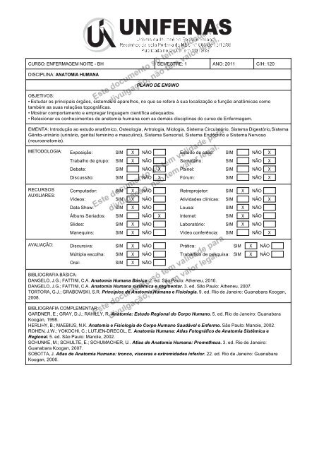 1 ANO: 2011 C/H: 120 DISCIPLINA: ANATOMIA HUMANA PLANO ...