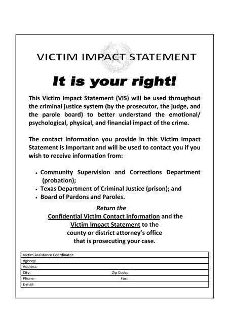 This Victim Impact Statement (VIS) will be used ... - Bell County