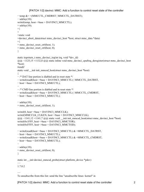 [PATCH 1/2] davinci: MMC: Add a function to control reset ... - Linux