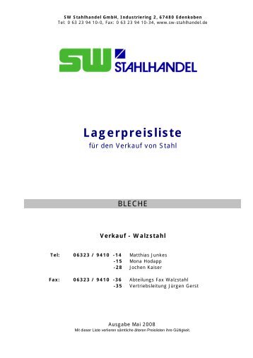 Lagerpreisliste - SW Stahlhandel GmbH