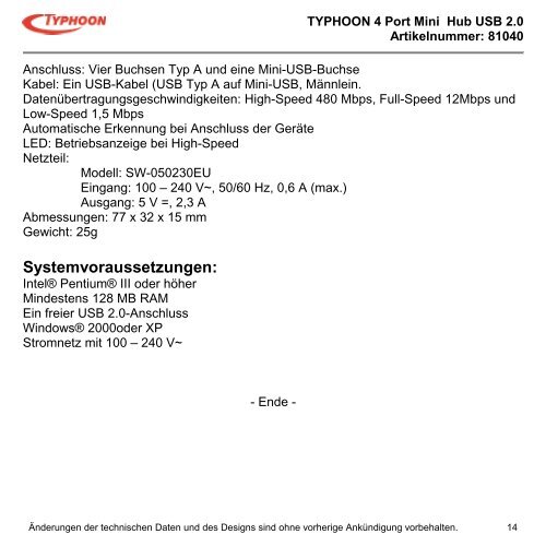 TYPHOON USB 2.0 4 PORT HUB - produktinfo.conrad.com