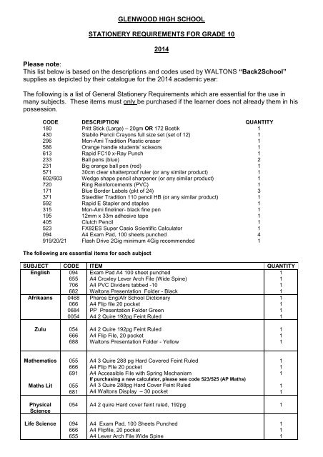 Stationery list Grade 10 2014.pdf - Glenwood High School