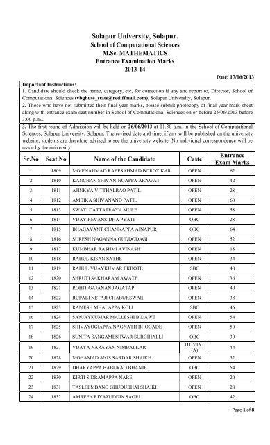 Mathematics Entrance result - Solapur University