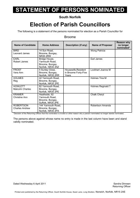 Statement of Persons Nominated for Election and Parish Councillors ...