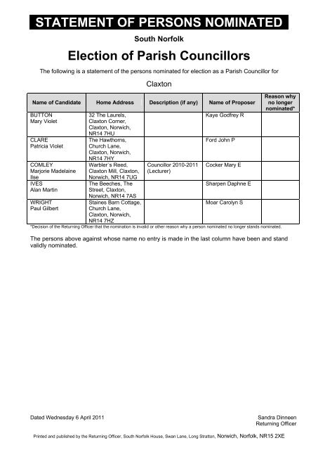 Statement of Persons Nominated for Election and Parish Councillors ...