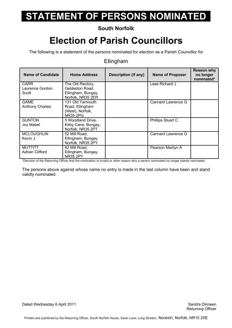 Statement of Persons Nominated for Election and Parish Councillors ...