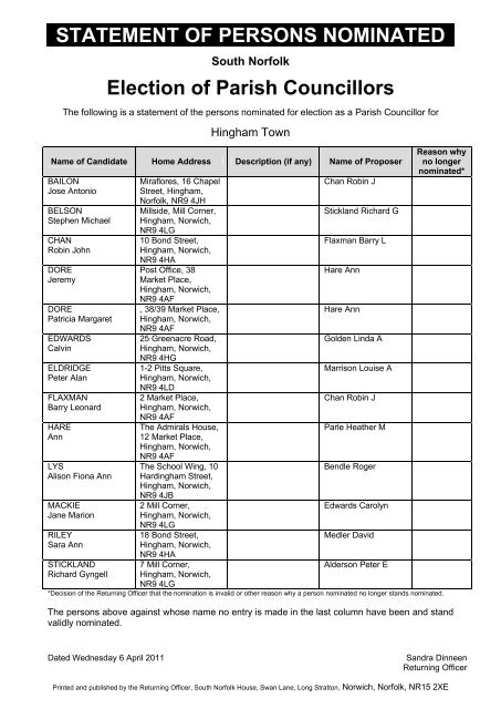 Statement of Persons Nominated for Election and Parish Councillors ...