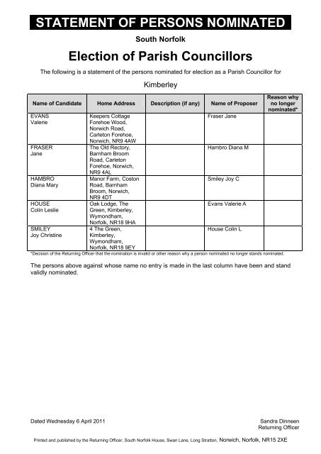 Statement of Persons Nominated for Election and Parish Councillors ...