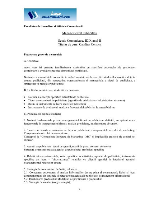 Managementul publicitatii Sectia Comunicare, IDD, anul II Titular de ...